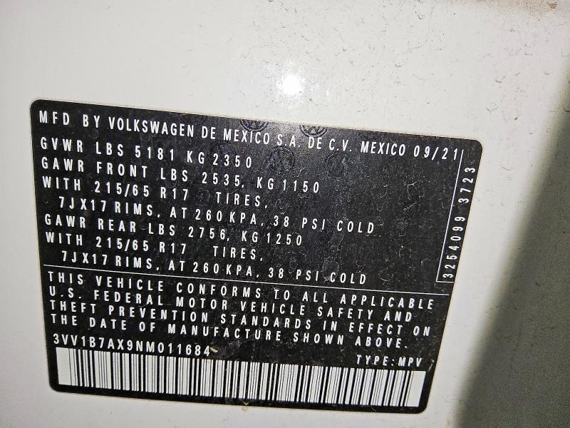 51154106 :رقم المزاد ، 3VV1B7AX9NM011684 vin ، 2022 Volkswagen Tiguan مزاد بيع