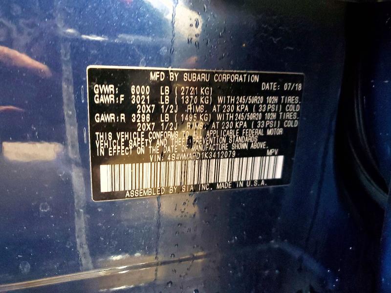 49787666 :رقم المزاد ، 4S4WMAPD1K3412079 vin ، 2019 Subaru Ascent مزاد بيع