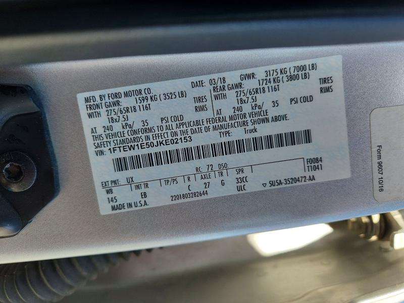 2018 Ford F150 მანქანა იყიდება აუქციონზე, vin: 1FTEW1E50JKE02153, აუქციონის ნომერი: 50405926