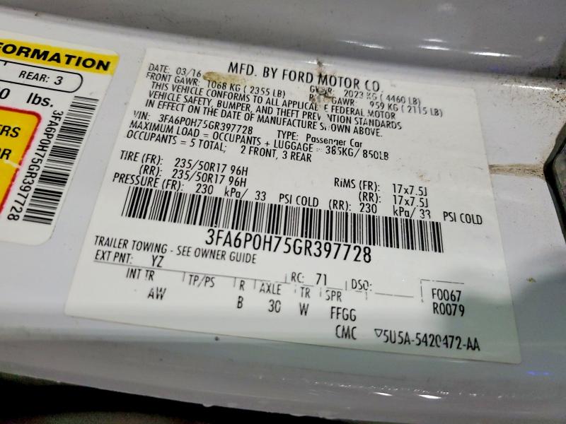 2016 Ford Fusion მანქანა იყიდება აუქციონზე, vin: 3FA6P0H75GR397728, აუქციონის ნომერი: 50935306