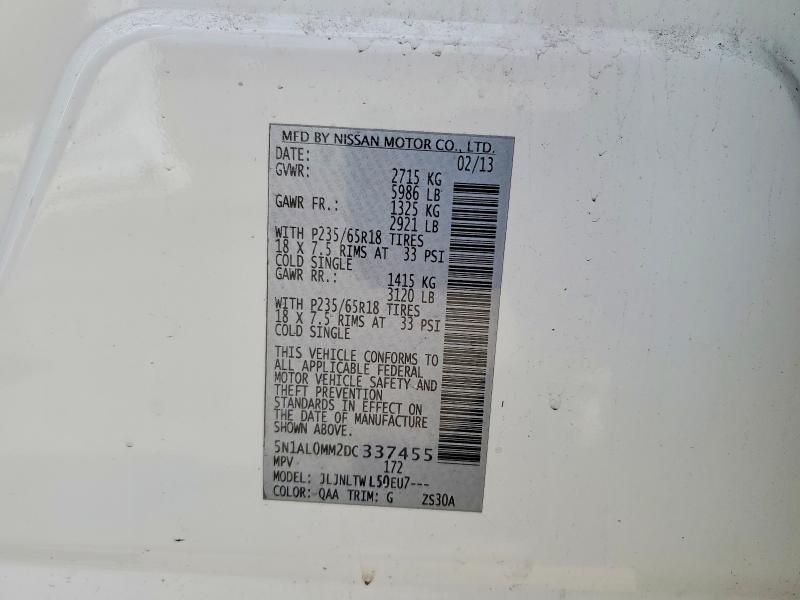 49475196 :رقم المزاد ، 5N1AL0MM2DC337455 vin ، 2013 Infiniti Jx35 مزاد بيع