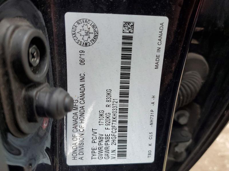 Aukcja sprzedaży 2019 Honda Civic, vin: 2HGFC2F7XKH033721, numer aukcji: 47307306