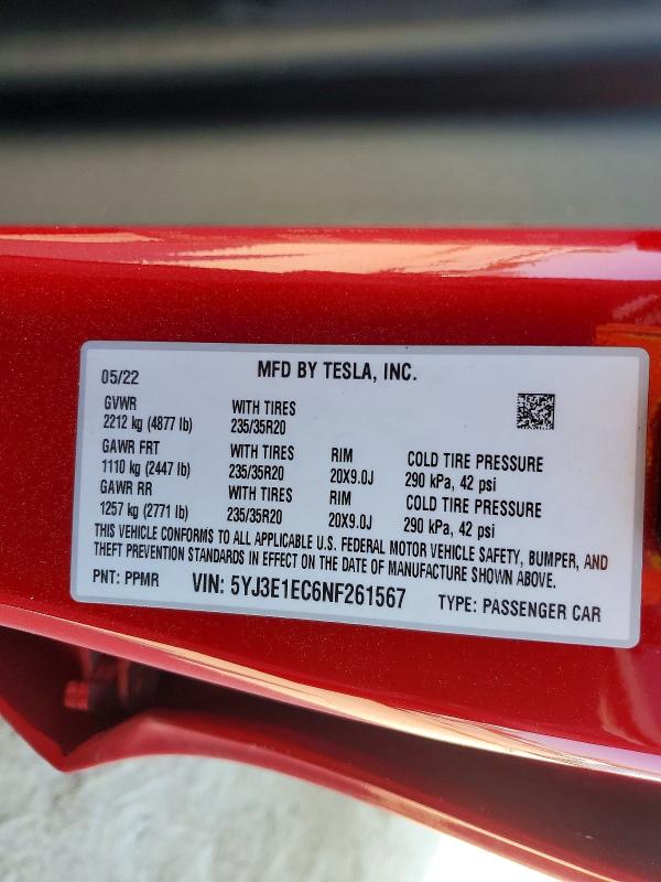 Aukcja sprzedaży 2022 Tesla Model 3, vin: 5YJ3E1EC6NF261567, numer aukcji: 49774226