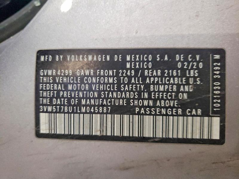49855606 :رقم المزاد ، 3VW5T7BU1LM045887 vin ، 2020 Volkswagen Jetta مزاد بيع