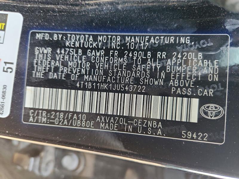 Aukcja sprzedaży 2018 Toyota Camry, vin: 4T1B11HK1JU543722, numer aukcji: 50548826