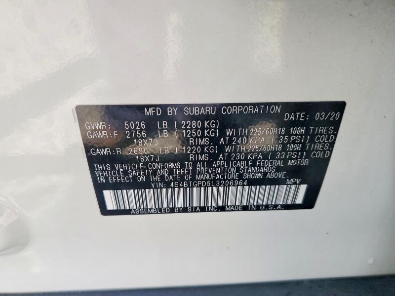 50322556 :رقم المزاد ، 4S4BTGPD5L3206964 vin ، 2020 Subaru Outback مزاد بيع