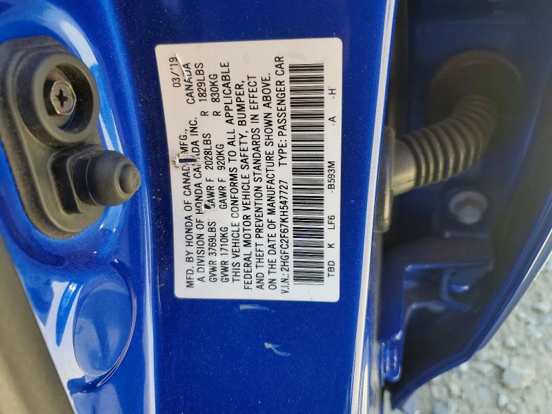 2019 Honda Civic მანქანა იყიდება აუქციონზე, vin: 2HGFC2F67KH547727, აუქციონის ნომერი: 49451386