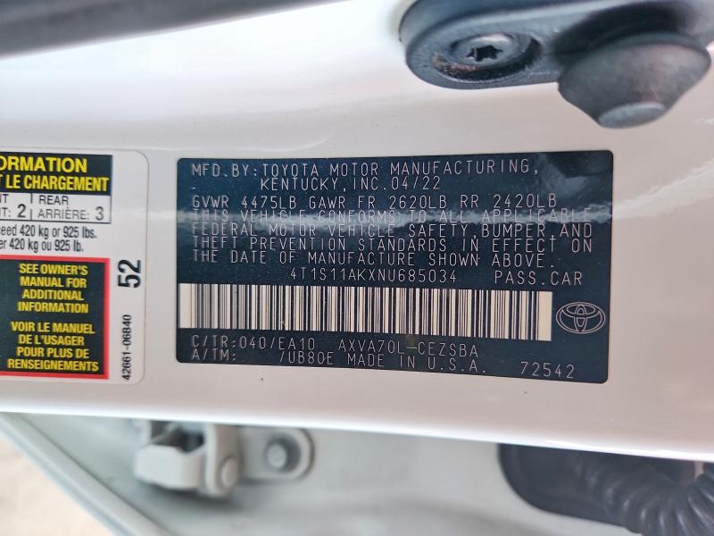 Продажа на аукционе авто 2022 Toyota Camry, vin: 4T1S11AKXNU685034, номер лота: 51013986