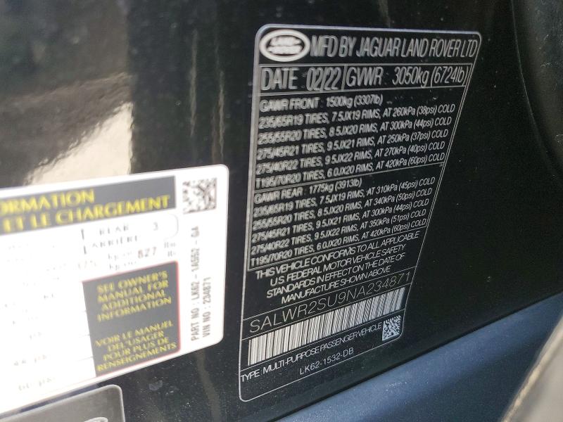 Aukcja sprzedaży 2022 Land Rover Range Rover Sport, vin: SALWR2SU9NA234871, numer aukcji: 51006896