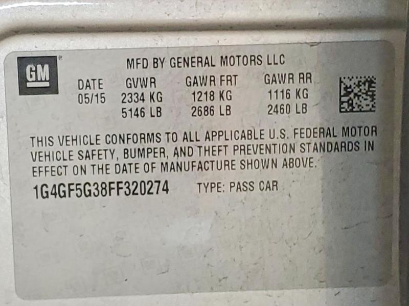 2015 Buick Lacrosse მანქანა იყიდება აუქციონზე, vin: 1G4GF5G38FF320274, აუქციონის ნომერი: 51253096