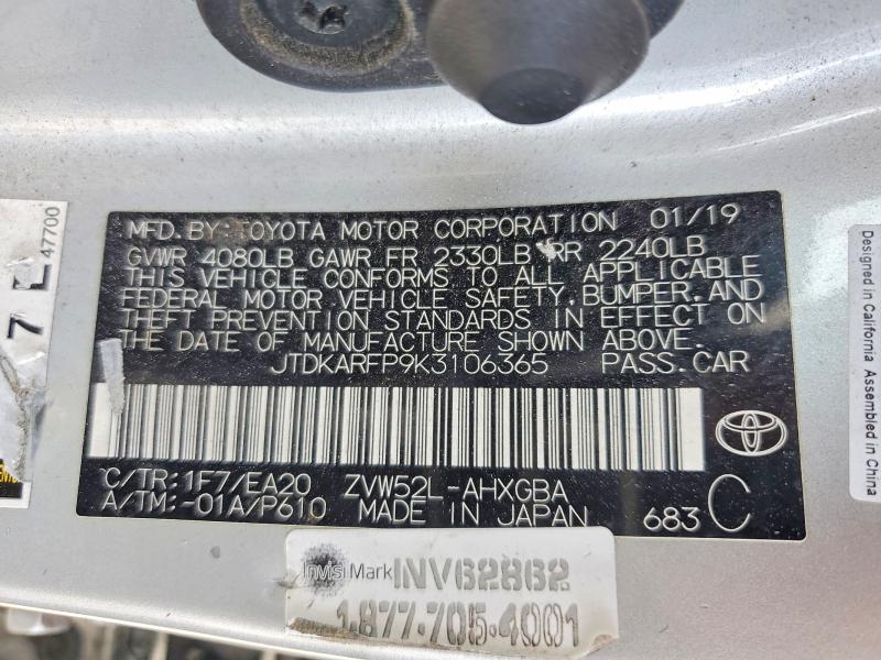 51018796 :رقم المزاد ، JTDKARFP9K3106365 vin ، 2019 Toyota Prius Prime مزاد بيع