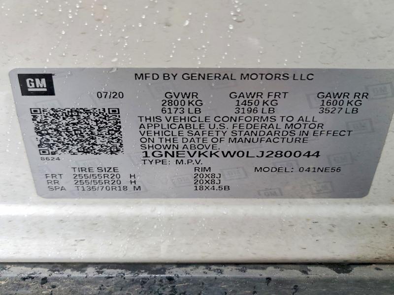 2020 Chevrolet Traverse მანქანა იყიდება აუქციონზე, vin: 1GNEVKKW0LJ280044, აუქციონის ნომერი: 49510466