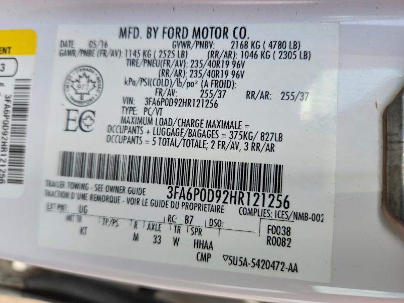 Продаж на аукціоні авто 2017 Ford Fusion, vin: 3FA6P0D92HR121256, номер лоту: 51001536