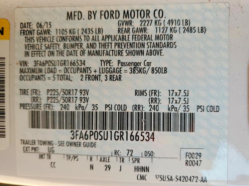 Продажа на аукционе авто 2016 Ford Fusion, vin: 3FA6P0SU1GR166534, номер лота: 49018736