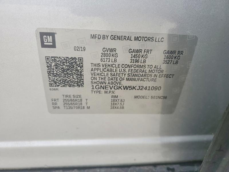 51288156 :رقم المزاد ، 1GNEVGKW5KJ241090 vin ، 2019 Chevrolet Traverse مزاد بيع
