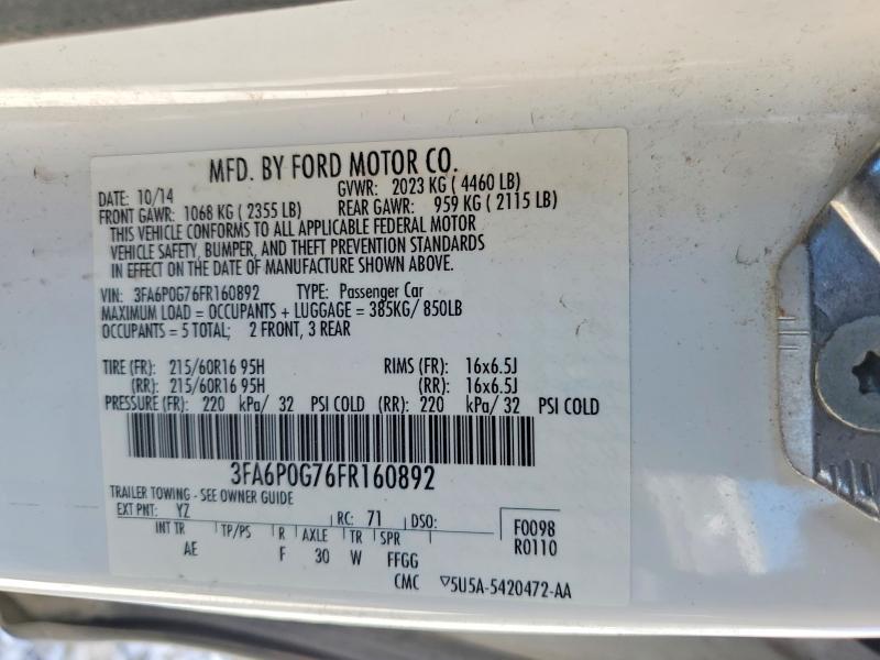 2015 Ford Fusion მანქანა იყიდება აუქციონზე, vin: 3FA6P0G76FR160892, აუქციონის ნომერი: 48184176
