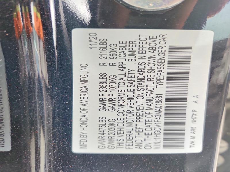 2021 Honda Accord მანქანა იყიდება აუქციონზე, vin: 1HGCV1F43MA018881, აუქციონის ნომერი: 49705126