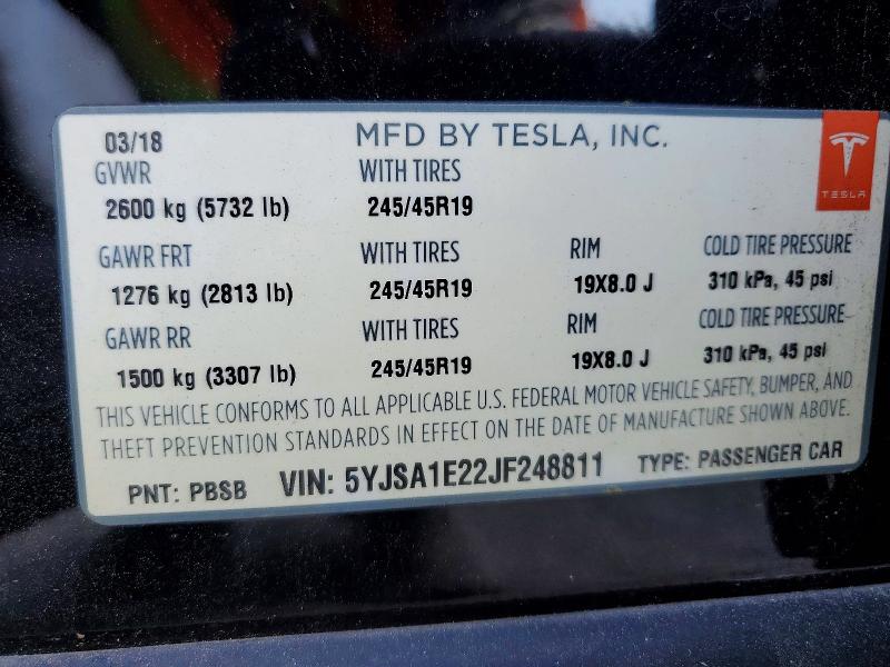 46868736 :رقم المزاد ، 5YJSA1E22JF248811 vin ، 2018 Tesla Model S مزاد بيع