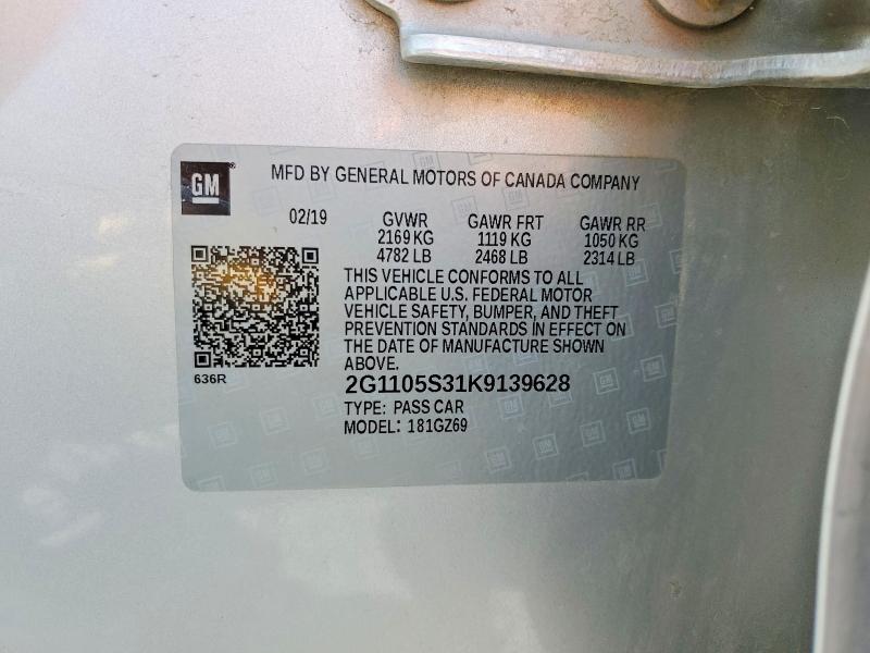 50164596 :رقم المزاد ، 2G1105S31K9139628 vin ، 2019 Chevrolet Impala مزاد بيع
