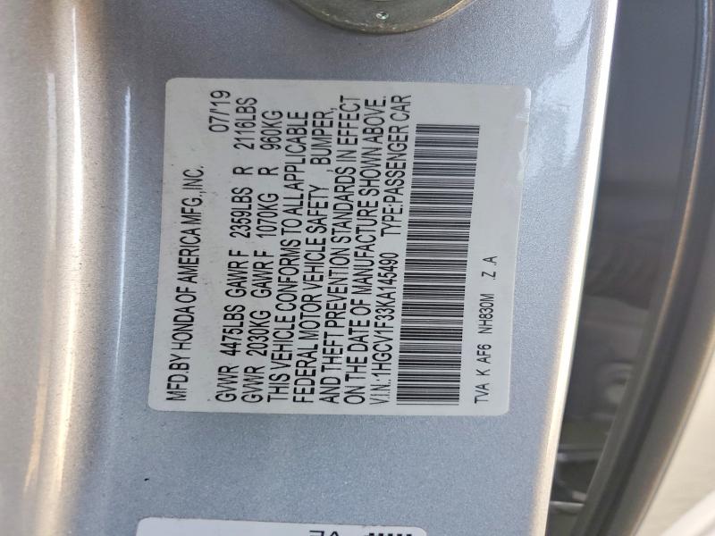 51013396 :رقم المزاد ، 1HGCV1F33KA145490 vin ، 2019 Honda Accord مزاد بيع