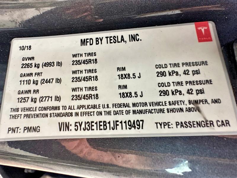 2018 Tesla Model 3 მანქანა იყიდება აუქციონზე, vin: 5YJ3E1EB1JF119497, აუქციონის ნომერი: 51423946