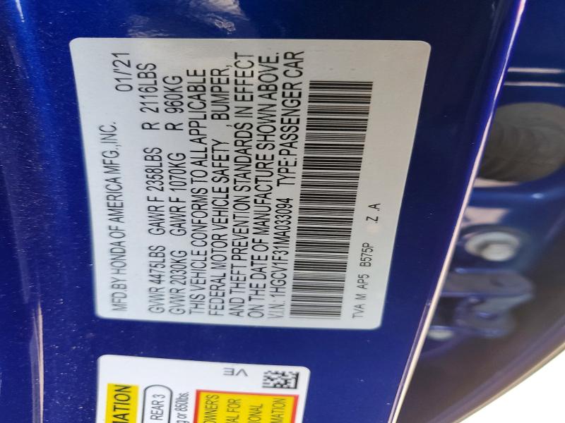 Aukcja sprzedaży 2021 Honda Accord, vin: 1HGCV1F31MA033094, numer aukcji: 51828246