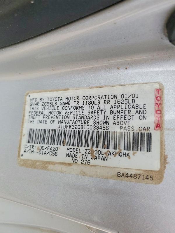 49462346 :رقم المزاد ، JTDFR320810033456 vin ، 2001 Toyota Mr2 مزاد بيع