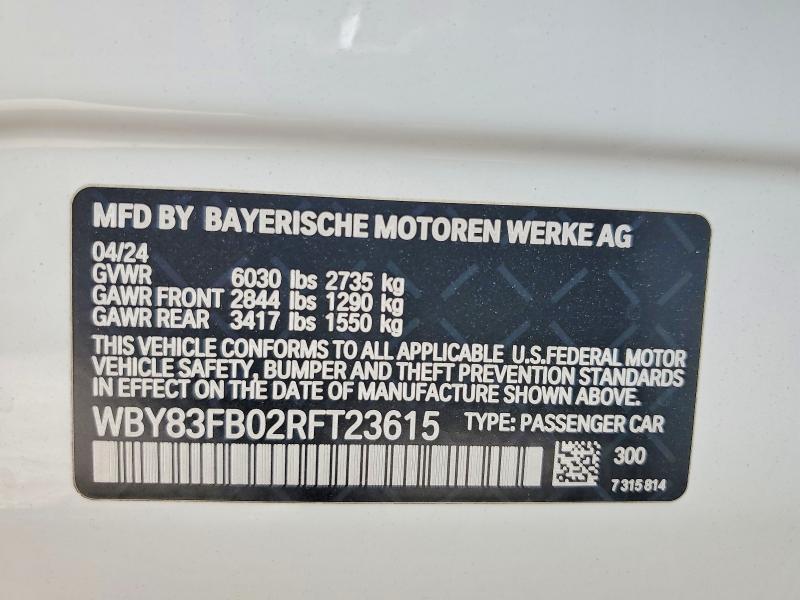 2024 Bmw I4 მანქანა იყიდება აუქციონზე, vin: WBY83FB02RFT23615, აუქციონის ნომერი: 48538786