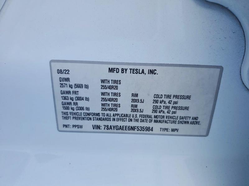 50259016 :رقم المزاد ، 7SAYGAEE6NF535984 vin ، 2022 Tesla Model Y مزاد بيع