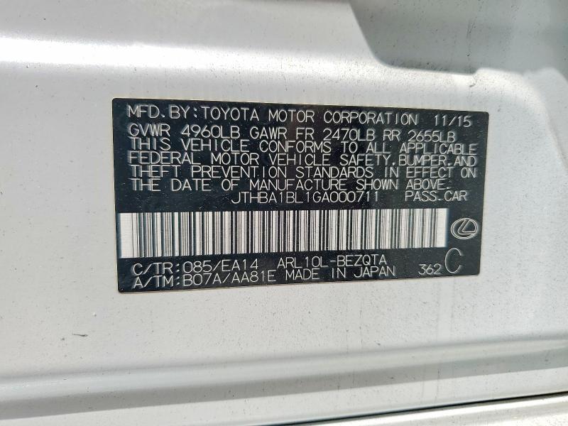 50641716 :رقم المزاد ، JTHBA1BL1GA000711 vin ، 2016 Lexus Gs 200t مزاد بيع