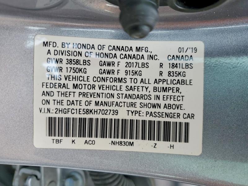 2019 Honda Civic მანქანა იყიდება აუქციონზე, vin: 2HGFC1E58KH702739, აუქციონის ნომერი: 51068256