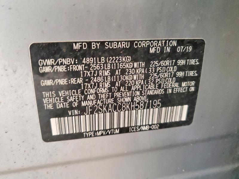 Продажа на аукционе авто 2019 Subaru Forester, vin: JF2SKACC8KH587195, номер лота: 49955236