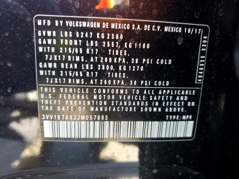 50320356 :رقم المزاد ، 3VV1B7AX3JM057893 vin ، 2018 Volkswagen Tiguan مزاد بيع