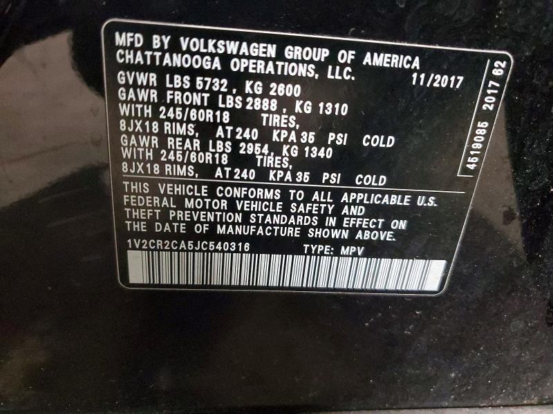 48488256 :رقم المزاد ، 1V2CR2CA5JC540316 vin ، 2018 Volkswagen Atlas مزاد بيع