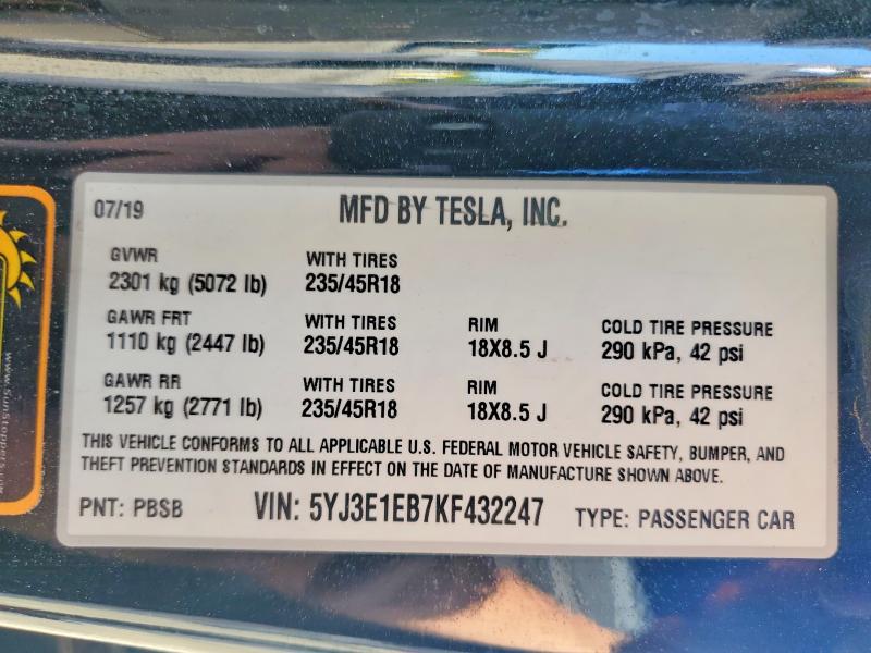Продажа на аукционе авто 2019 Tesla Model 3, vin: 5YJ3E1EB7KF432247, номер лота: 51595746