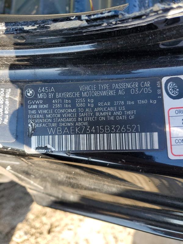 2005 Bmw 645 მანქანა იყიდება აუქციონზე, vin: WBAEK73415B326521, აუქციონის ნომერი: 50700736
