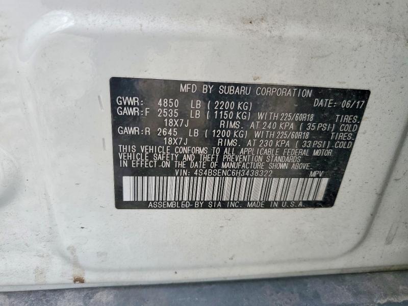 2017 Subaru Outback მანქანა იყიდება აუქციონზე, vin: 4S4BSENC6H3438322, აუქციონის ნომერი: 49622436