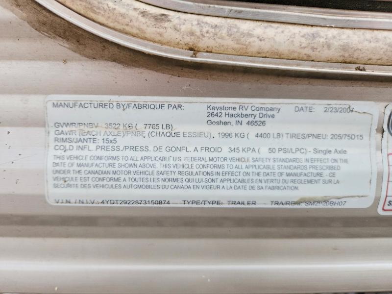 49465986 :رقم المزاد ، 4YDT2922873150874 vin ، 2007 Keystone Summerland مزاد بيع