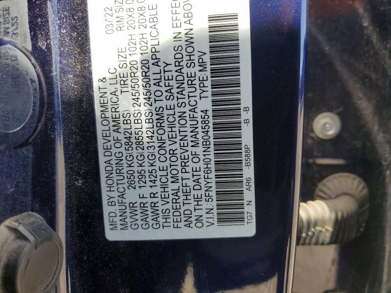 Продаж на аукціоні авто 2022 Honda Pilot, vin: 5FNYF6H01NB045854, номер лоту: 50486066