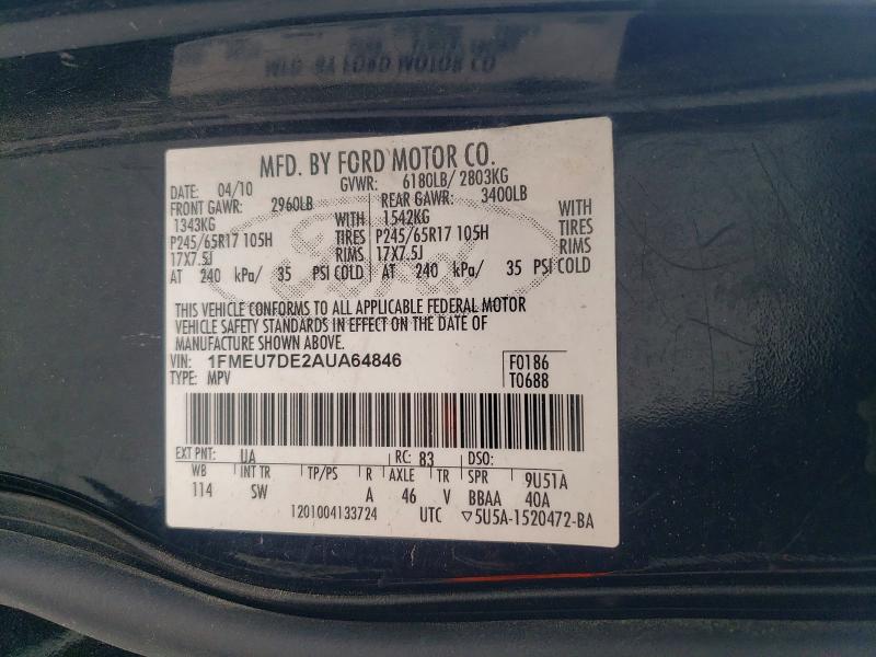 Продажа на аукционе авто 2010 Ford Explorer, vin: 1FMEU7DE2AUA64846, номер лота: 51617206