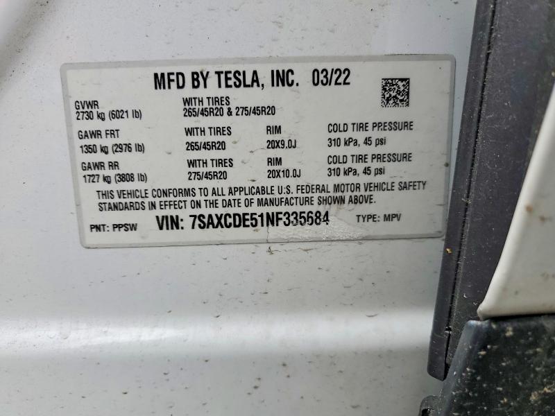 49620636 :رقم المزاد ، 7SAXCDE51NF335684 vin ، 2022 Tesla Model X مزاد بيع