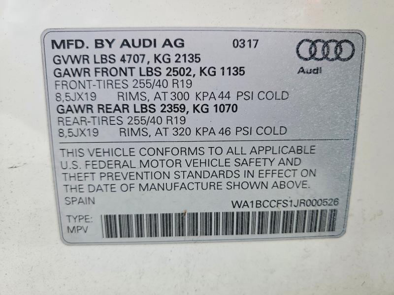 50855786 :رقم المزاد ، WA1BCCFS1JR000526 vin ، 2018 Audi Q3 مزاد بيع