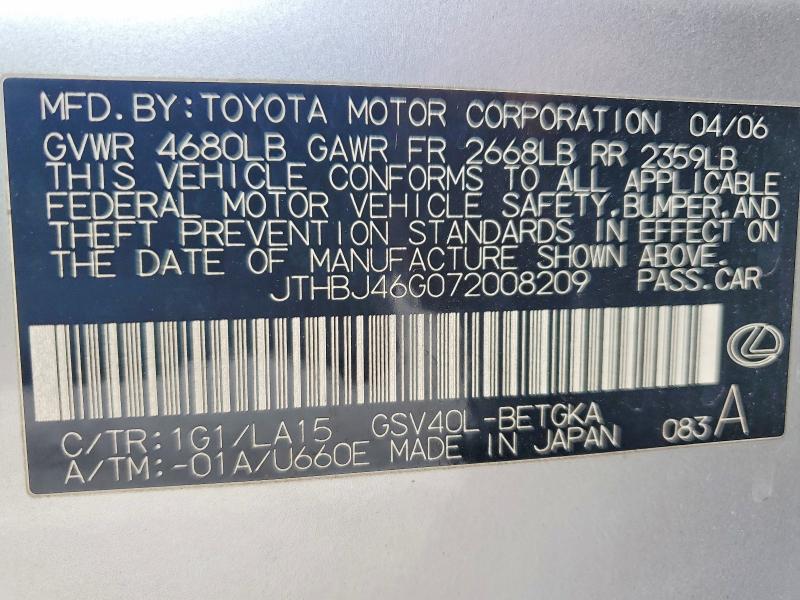 51445276 :رقم المزاد ، JTHBJ46G072008209 vin ، 2007 Lexus Es مزاد بيع