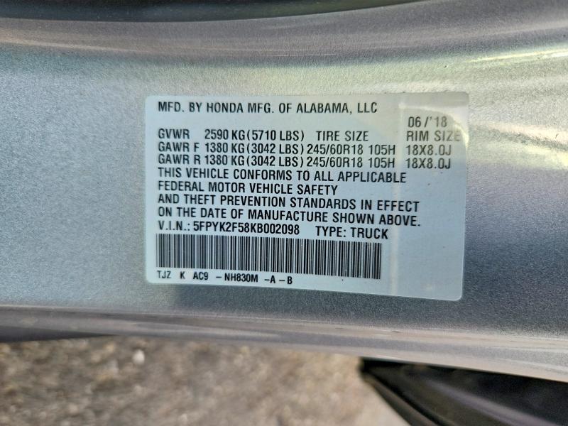 Aukcja sprzedaży 2019 Honda Ridgeline, vin: 5FPYK2F58KB002098, numer aukcji: 50139826