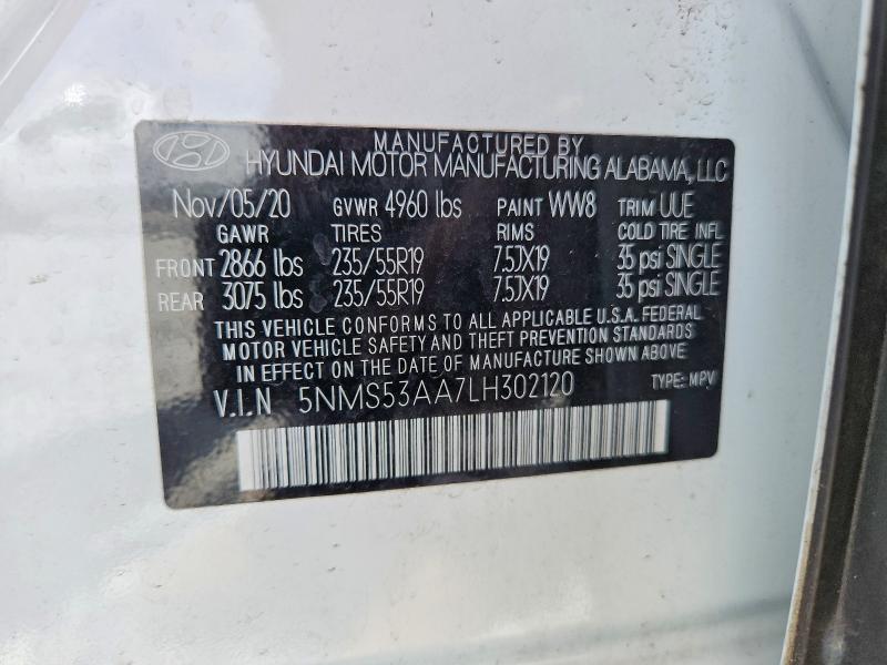 2020 Hyundai Santa Fe მანქანა იყიდება აუქციონზე, vin: 5NMS53AA7LH302120, აუქციონის ნომერი: 49432506