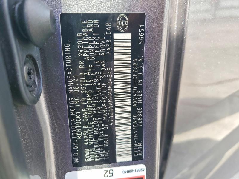 Aukcja sprzedaży 2021 Toyota Camry, vin: 4T1G11AK6MU604549, numer aukcji: 51305896