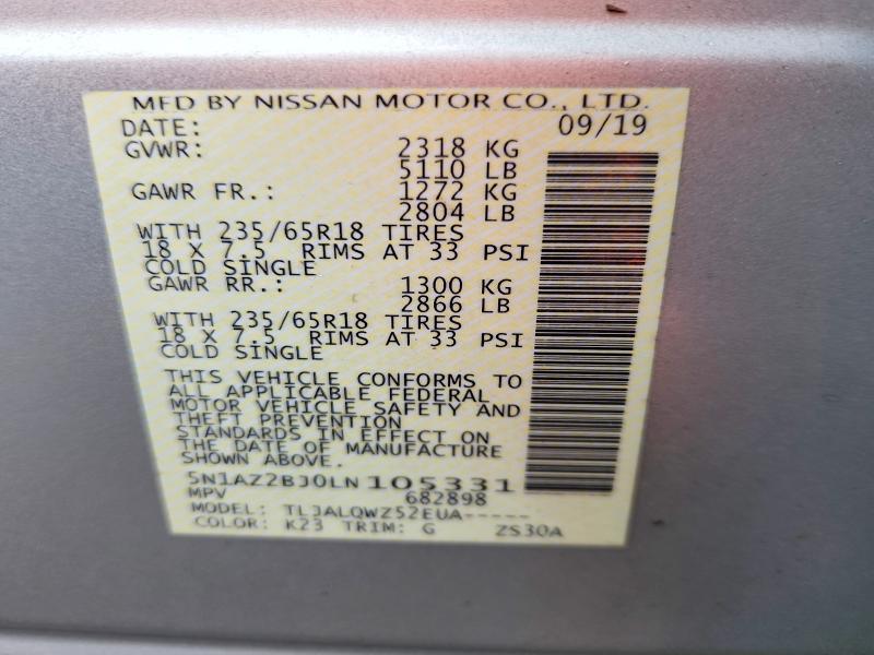 Aukcja sprzedaży 2020 Nissan Murano, vin: 5N1AZ2BJ0LN105331, numer aukcji: 48168206