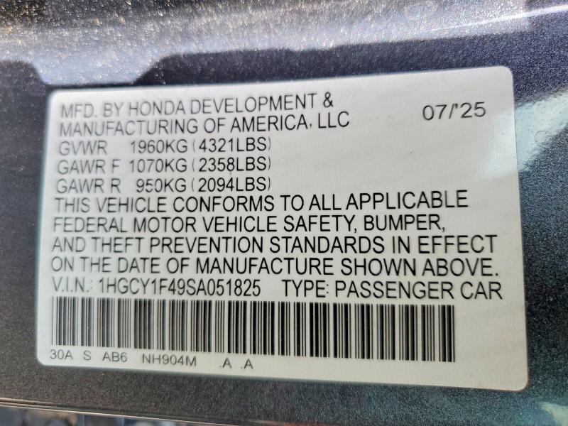 2025 Honda Accord მანქანა იყიდება აუქციონზე, vin: 1HGCY1F49SA051825, აუქციონის ნომერი: 51071836