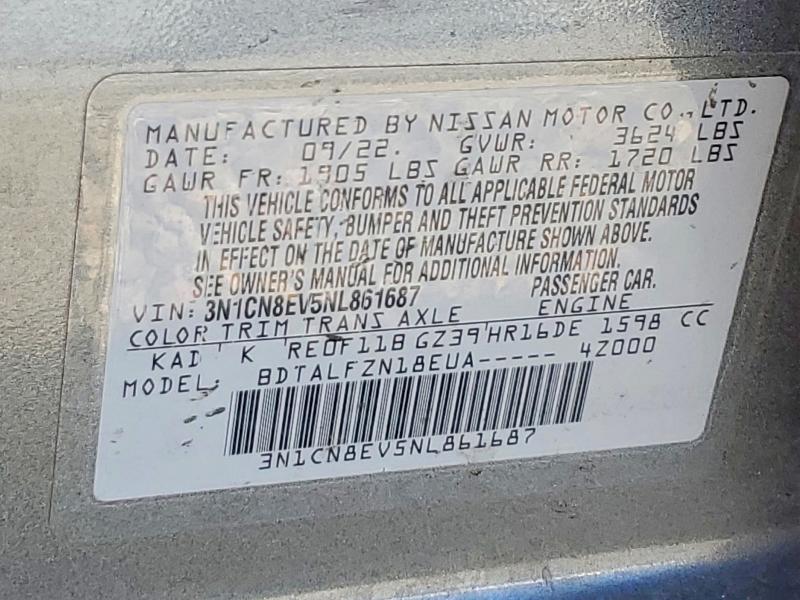 Продаж на аукціоні авто 2022 Nissan Versa, vin: 3N1CN8EV5NL861687, номер лоту: 49813806