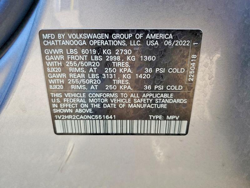 48773016 :رقم المزاد ، 1V2HR2CA0NC551641 vin ، 2022 Volkswagen Atlas مزاد بيع
